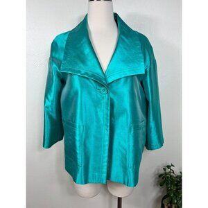 St. John Womens Teal‎ Silk Blend 3/4 Sleeve Collared Jacket Size 8 Quiet Luxury